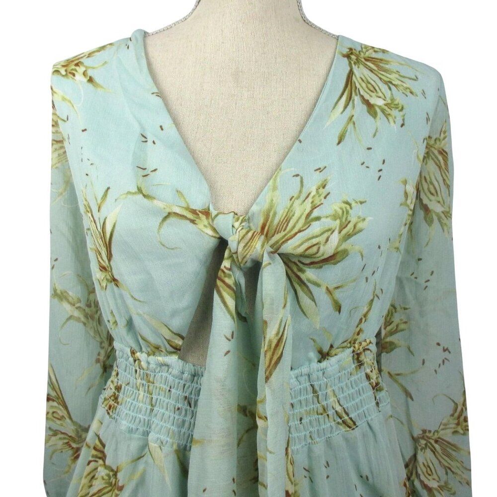 Floral Boho Long-Sleeve Tie-Front Ruffle Dress Size XL Light Green Boho - Picture 3 of 7